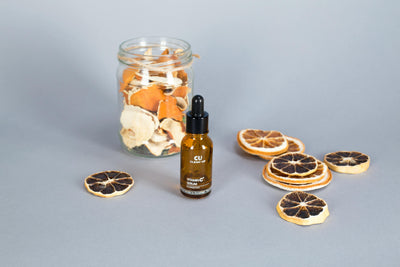 Amber glass dropper bottle of Vitamin C serum labeled “Clean-Up” placed among dried orange and lemon slices on a gray surface.