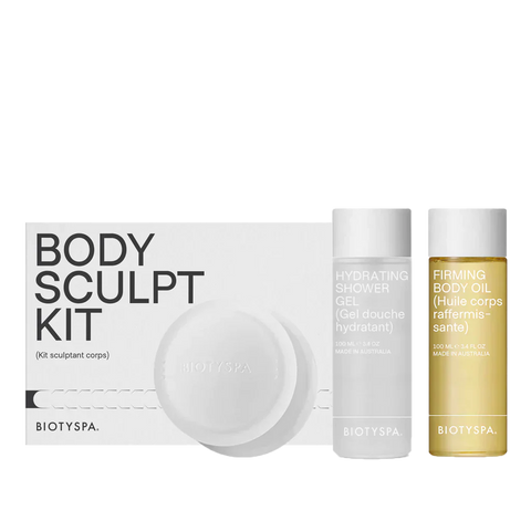 BIOTYSPA Body Sculpt Kit featuring Hydrating Shower Gel and Firming Body Oil, designed to hydrate and firm skin.