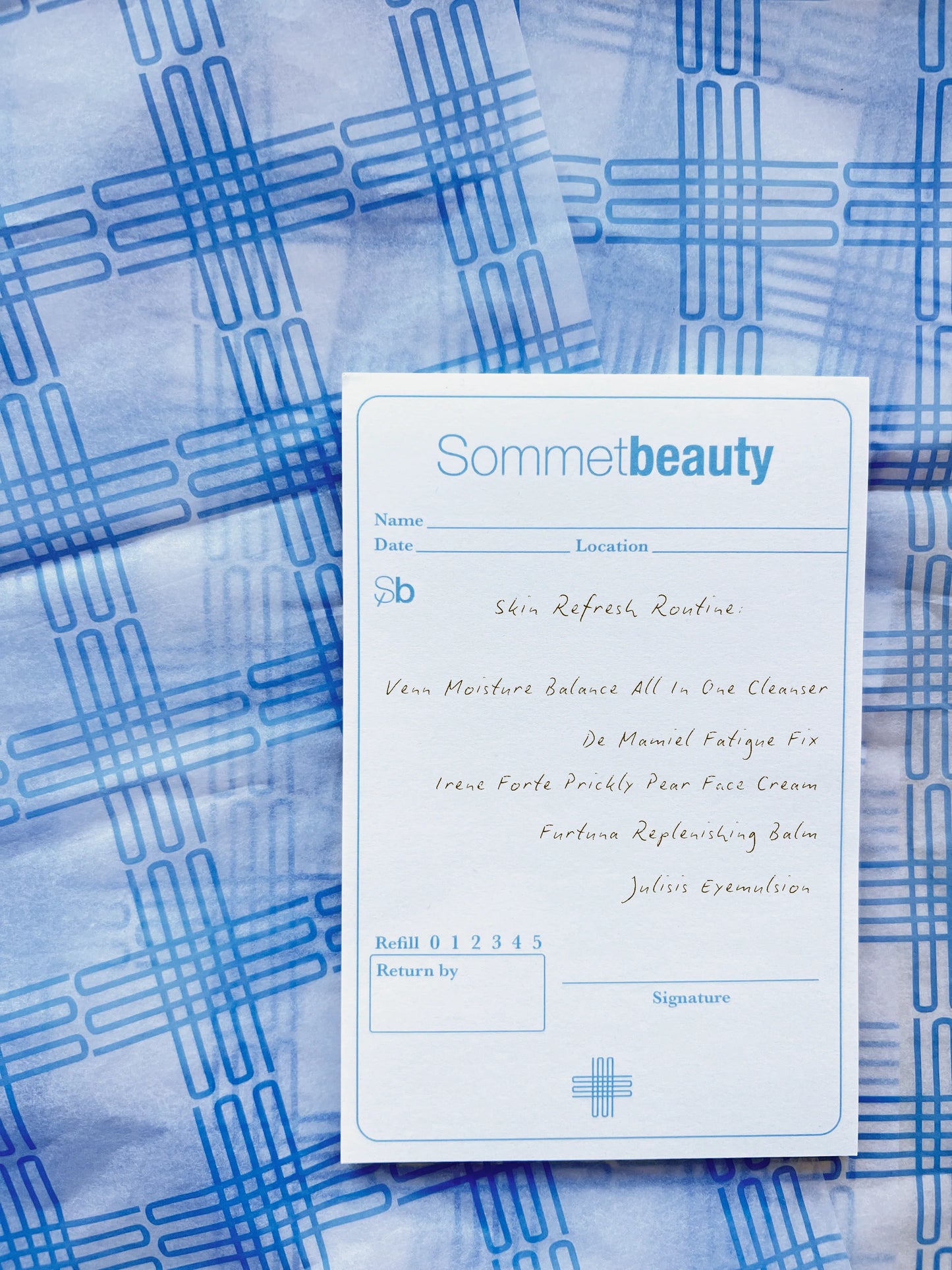 	Sommetbeauty note with handwritten skin refresh routine featuring VENN Moisture Balance Cleanser, De Mamiel Fatigue Fix, Irene Forte Prickly Pear Cream, Furtuna Replenishing Balm, and Julisis Eyemulsion.