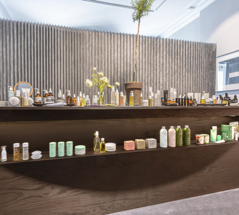 	Clean beauty products lineup at Sommetbeauty in NYC showcasing skincare and wellness essentials.