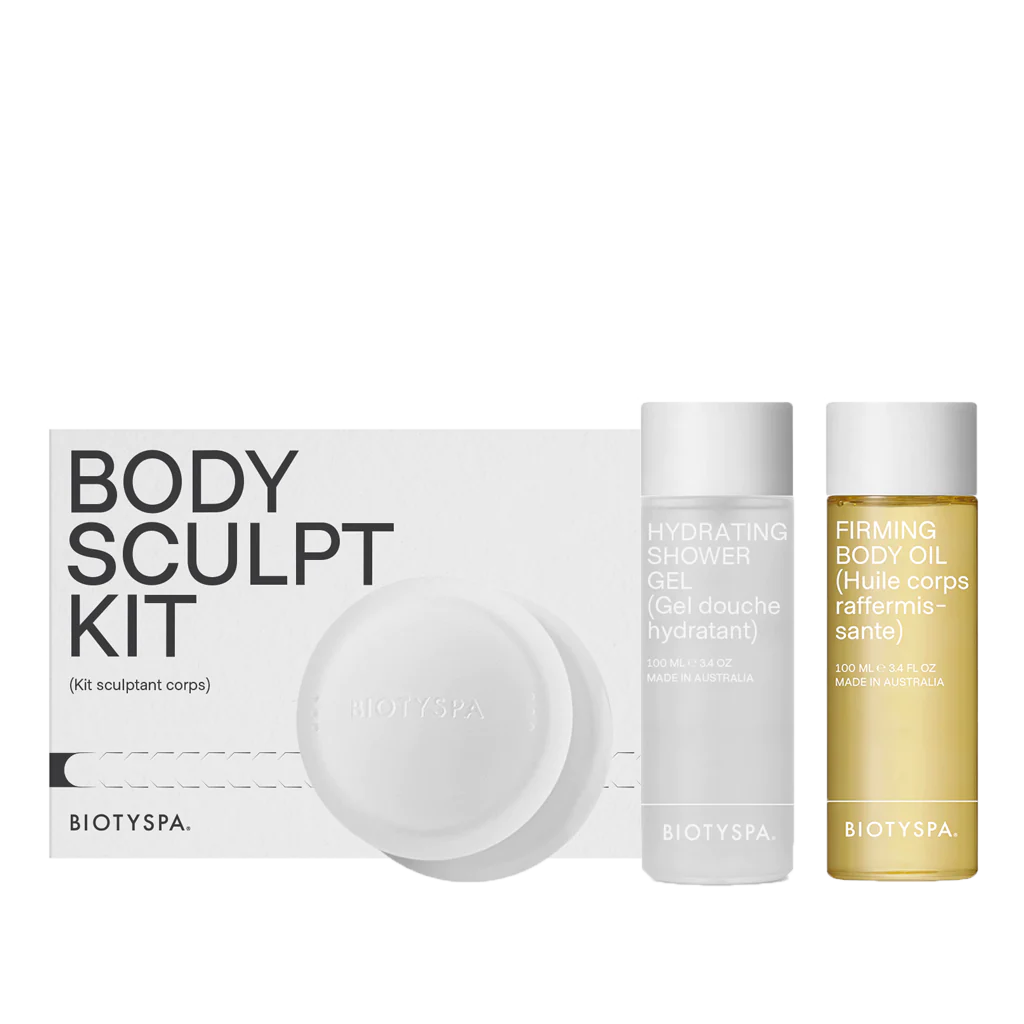 Biotyspa Body Sculpt Kit with hydrating shower gel, firming body oil, and massage tool.